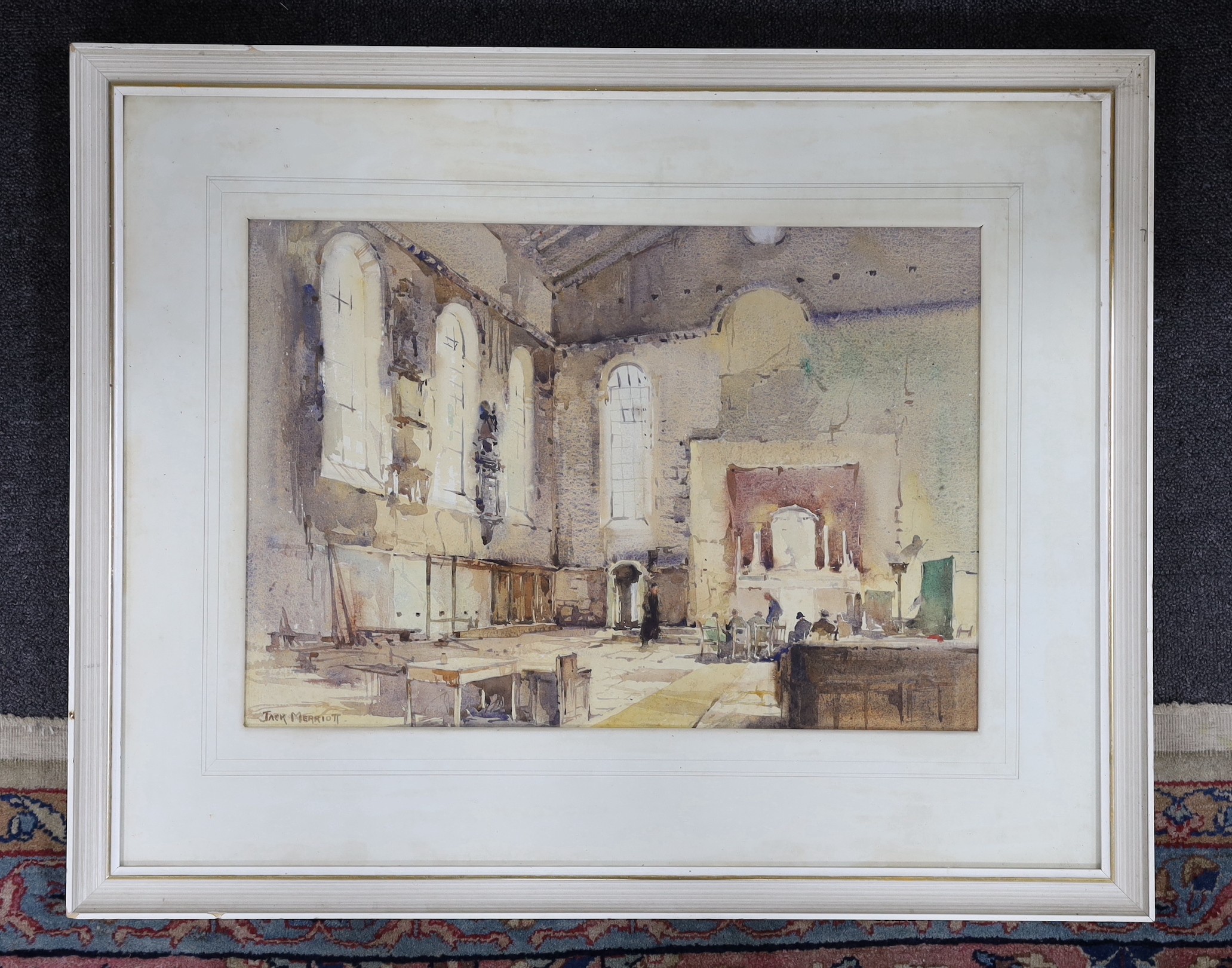 Jack Merriott (1901-1968), watercolour, Interior with seated figures, signed, 36 x 52cm.
